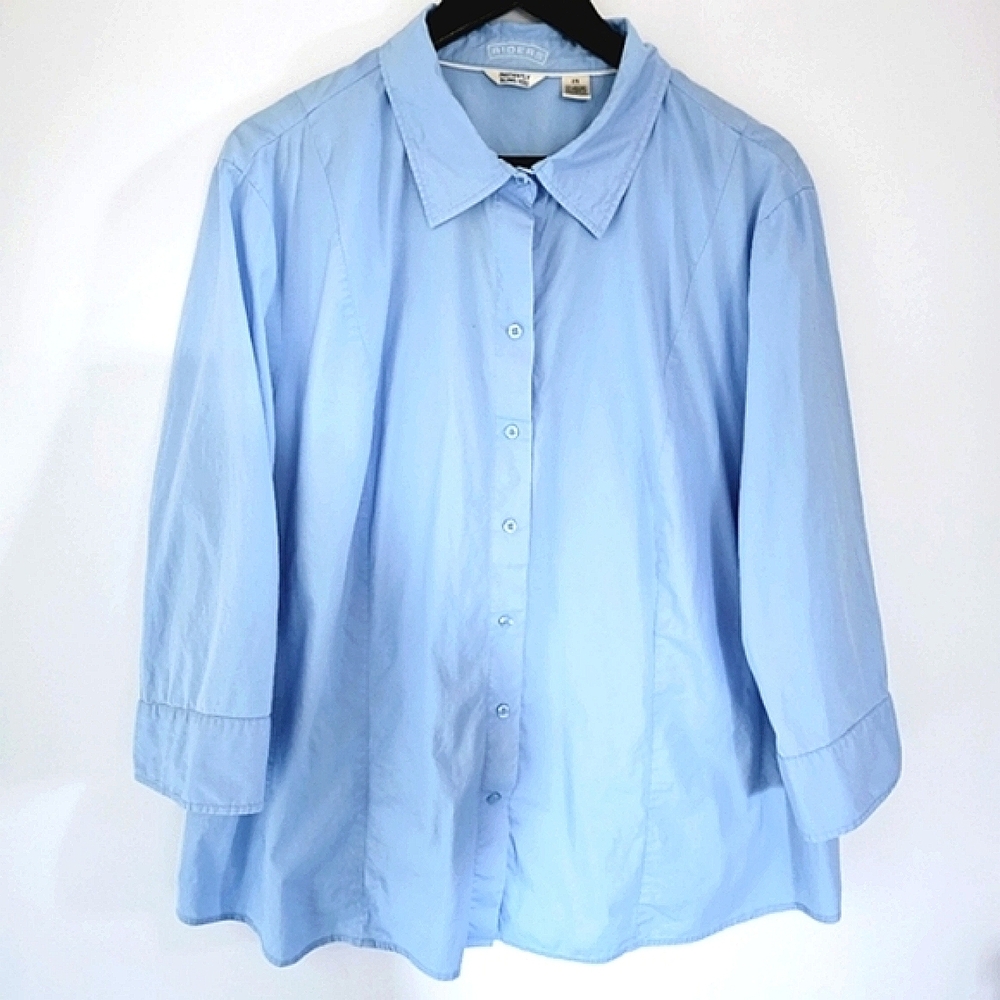 Riders 2X  Blue Button Down Cotton Blend 3/4 Sleeves Business Casual Blouse